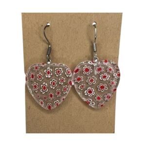 Handmade Floral Heart Drop Earrings Clear Resin Red Flower Y2K Romantic Jewelry